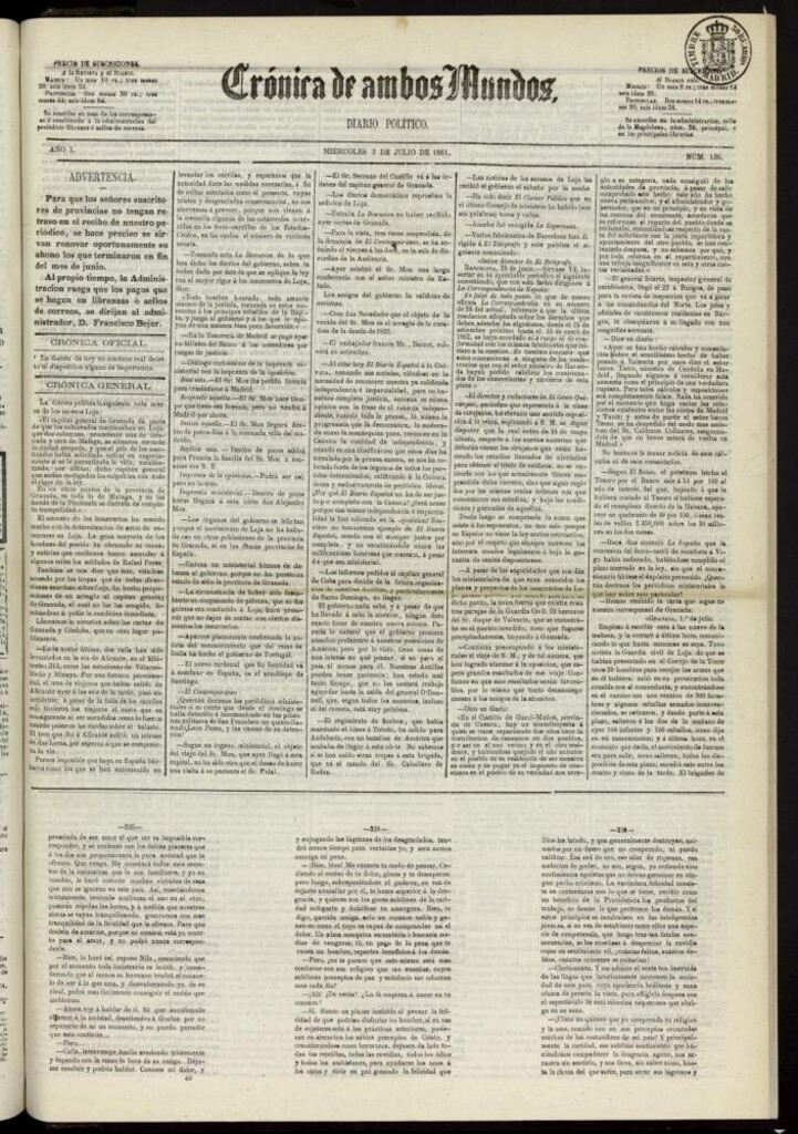 Miniatura de Crónica de ambos Mundos : diario de noticias del 3 de julio de 1861, nº 136