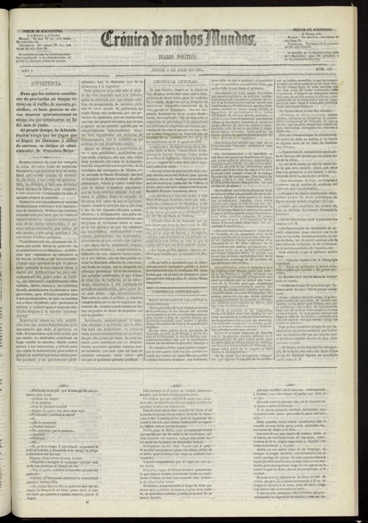 Miniatura de Crónica de ambos Mundos : diario de noticias del 4 de julio de 1861, nº 137