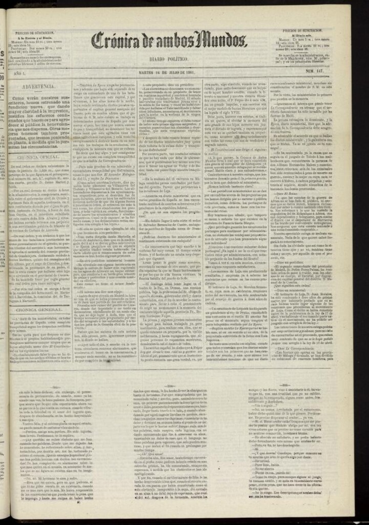 Miniatura de Crónica de ambos Mundos : diario de noticias del 16 de julio de 1861, nº 147