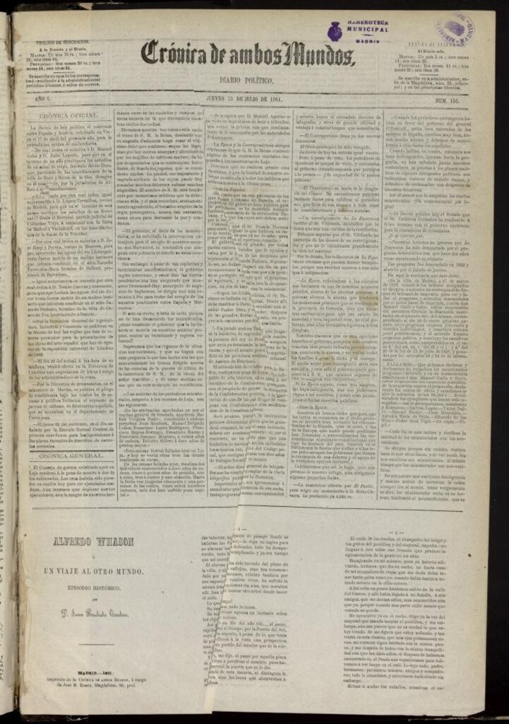Miniatura de Crónica de ambos Mundos : diario de noticias del 25 de julio de 1861, nº 155