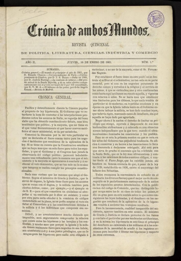 Miniatura de Crónica de ambos Mundos del 10 de enero de 1861, nº 1