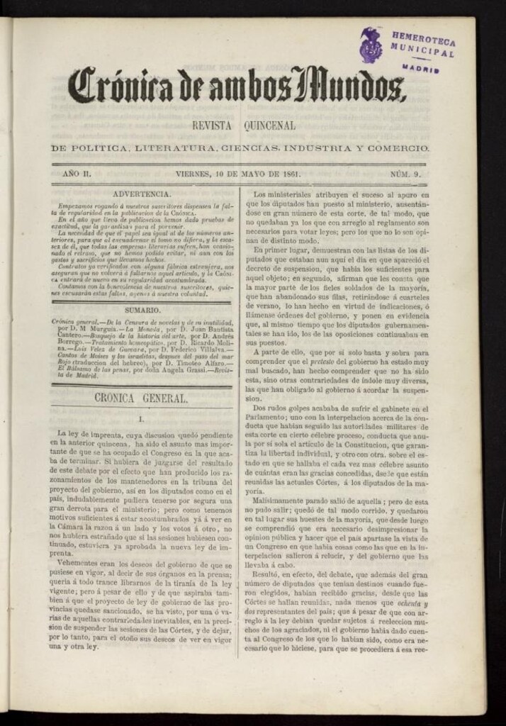 Miniatura de Crónica de ambos Mundos del 10 de mayo de 1861, nº 9