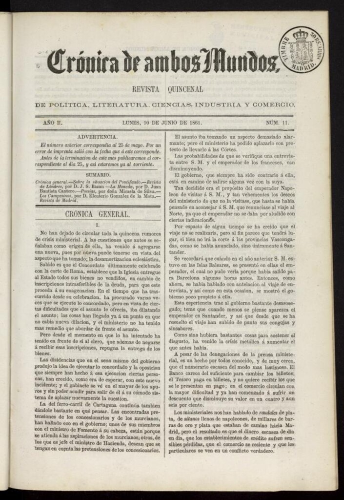 Miniatura de Crónica de ambos Mundos del 10 de junio de 1861, nº 11