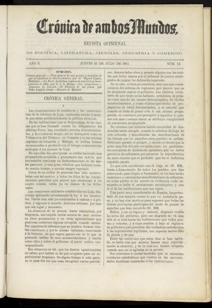 Miniatura de Crónica de ambos Mundos del 25 de julio de 1861, nº 14