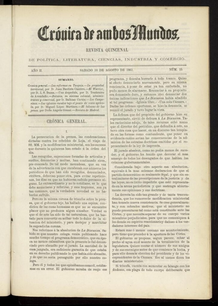 Miniatura de Crónica de ambos Mundos del 10 de agosto de 1861, nº 15