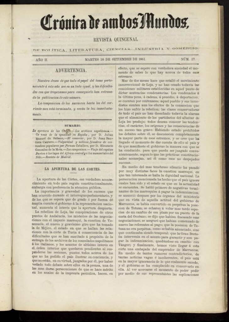Miniatura de Crónica de ambos Mundos del 10 de septiembre de 1861, nº 17