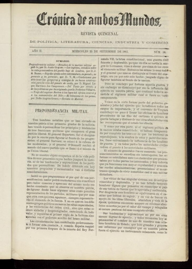 Miniatura de Crónica de ambos Mundos del 25 de septiembre de 1861, nº 18