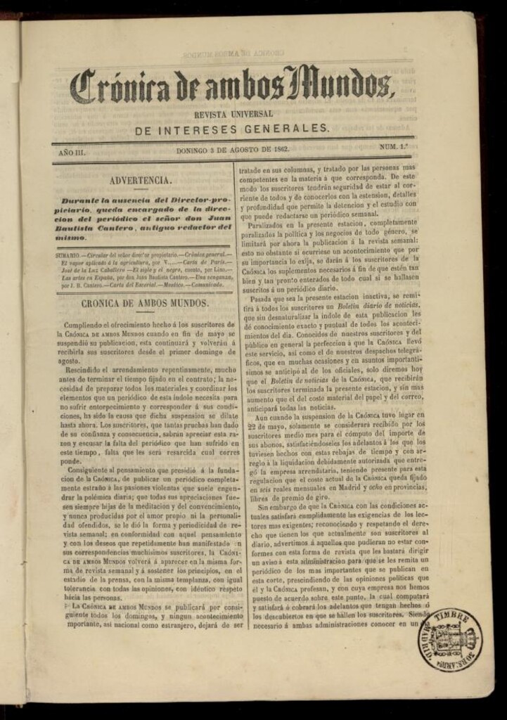 Miniatura de Crónica de ambos Mundos del 3 de agosto de 1862, nº 1