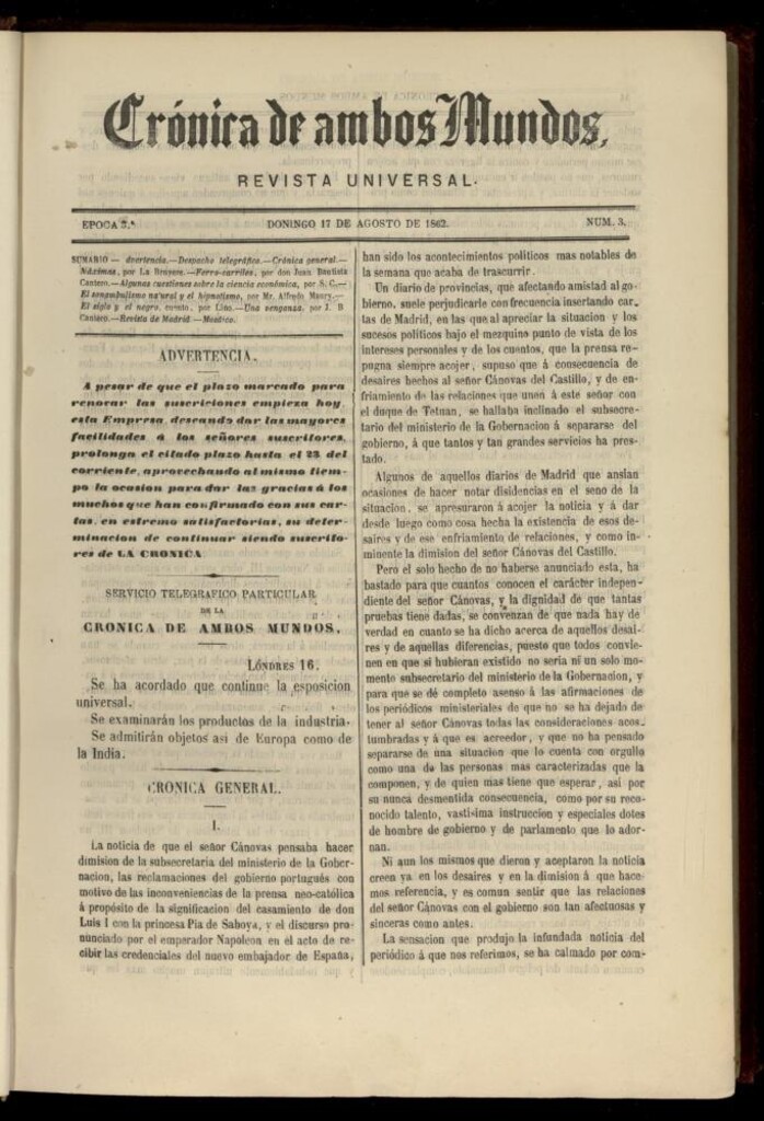 Miniatura de Crónica de ambos Mundos del 17 de agosto de 1862, nº 3
