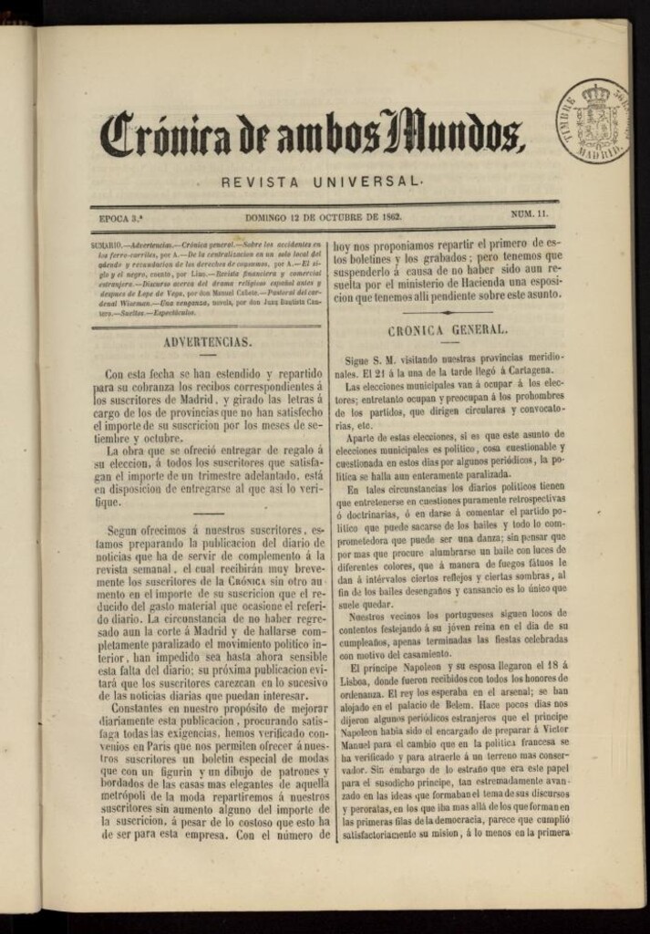 Miniatura de Crónica de ambos Mundos del 12 de octubre de 1862, nº 11