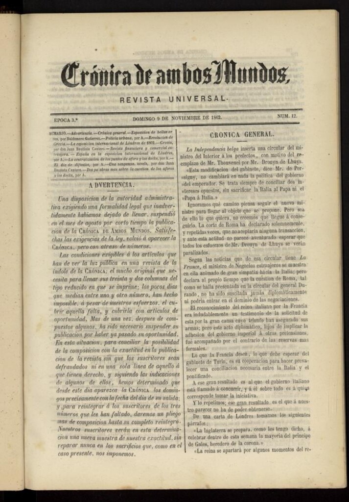Miniatura de Crónica de ambos Mundos del 9 de noviembre de 1862, nº 12