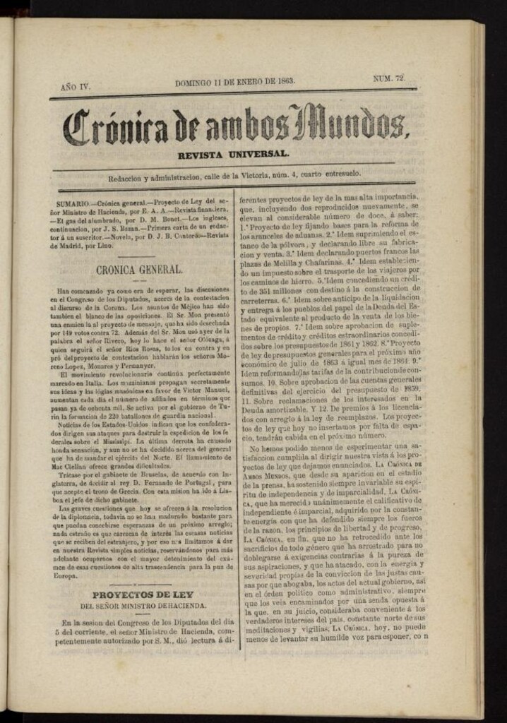 Miniatura de Crónica de ambos Mundos del 11 de enero de 1863, nº 72