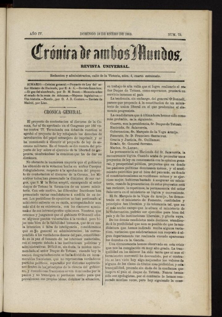 Miniatura de Crónica de ambos Mundos del 18 de enero de 1863, nº 73