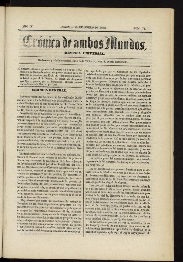 Miniatura de Crónica de ambos Mundos del 25 de enero de 1863, nº 74