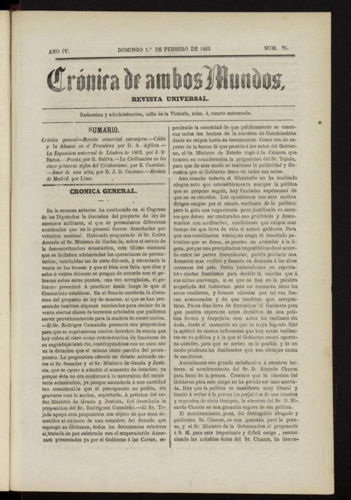 Miniatura de Crónica de ambos Mundos del 1 de febrero de 1863, nº 75