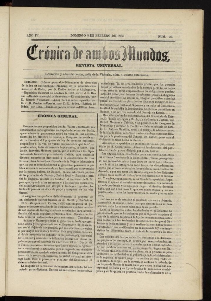 Miniatura de Crónica de ambos Mundos del 8 de febrero de 1863, nº 76