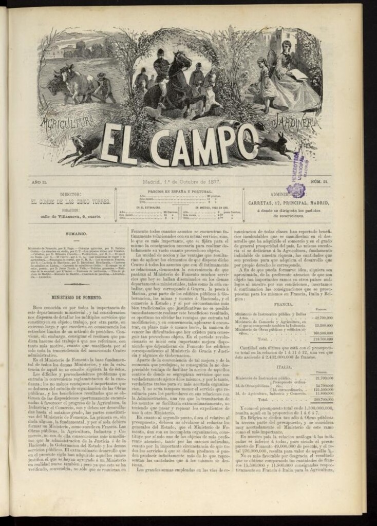Miniatura de El Campo : agricultura, jardinería y sport del 1 de octubre de 1877, nº 21