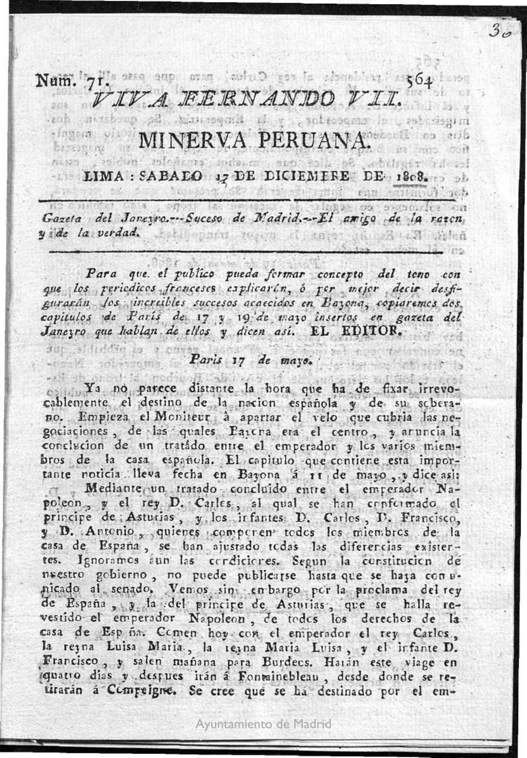 Miniatura de Minerva peruana del 17 diciembre de 1808