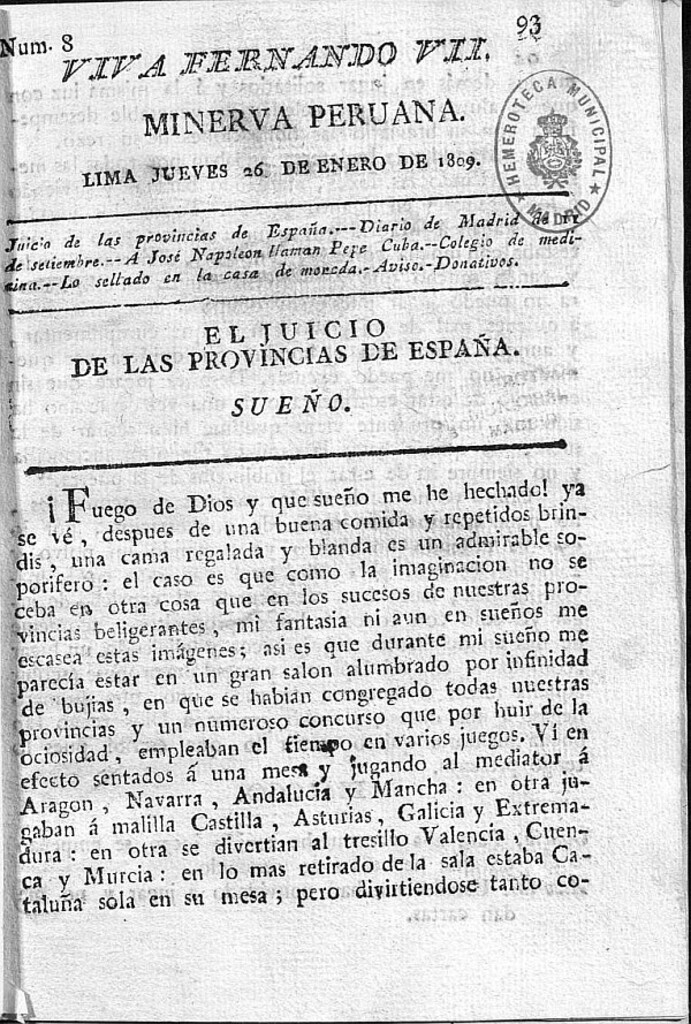 Miniatura de Minerva peruana del 26 de enero de 1809