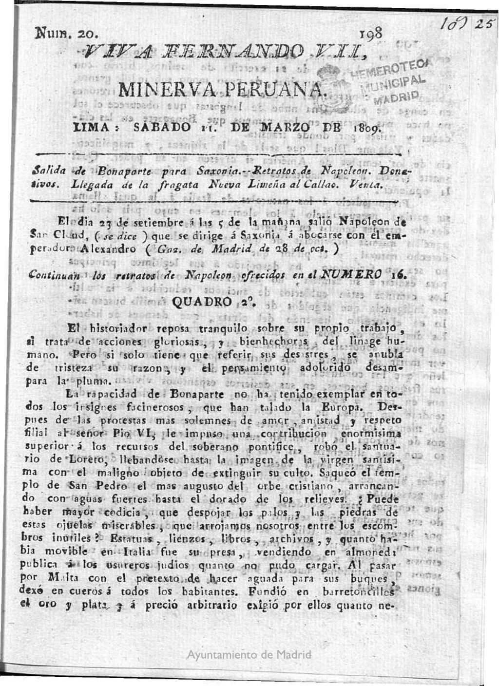 Miniatura de Minerva peruana del 11 de Marzo de 1809
