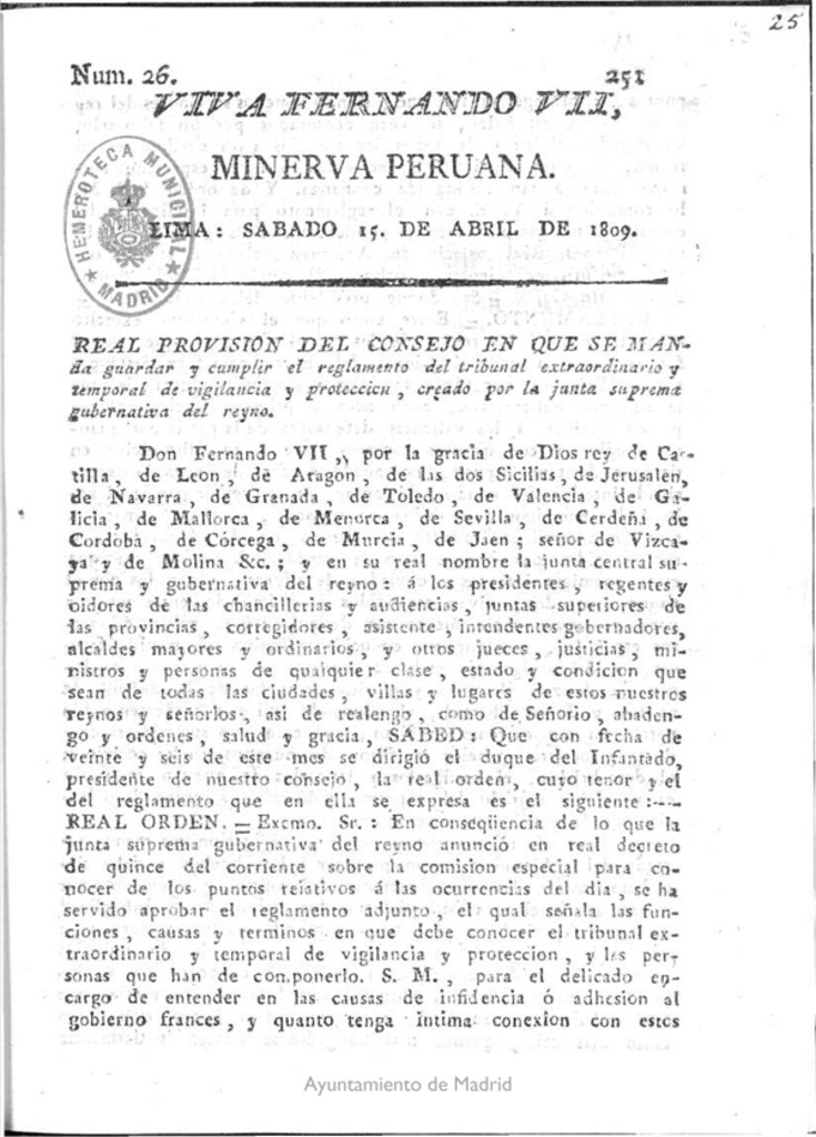 Miniatura de Minerva peruana del 15 de Abril de 1809