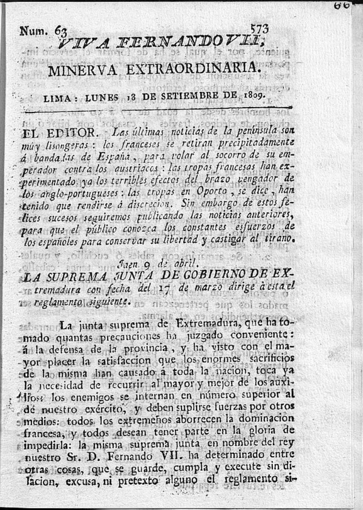 Miniatura de Minerva peruana del 18 de Septiembre de 1809