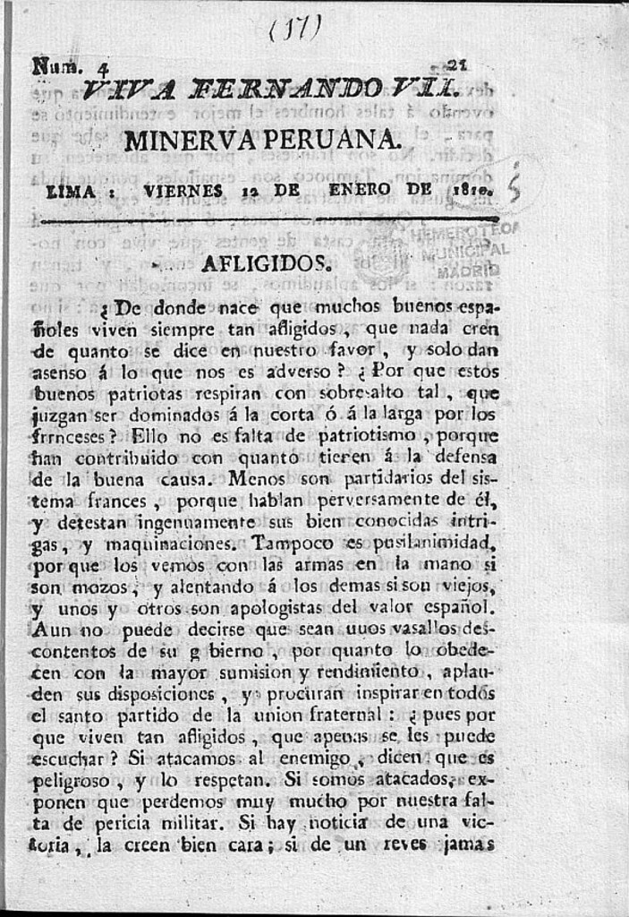 Miniatura de Minerva peruana del 12 de Enero de 1810