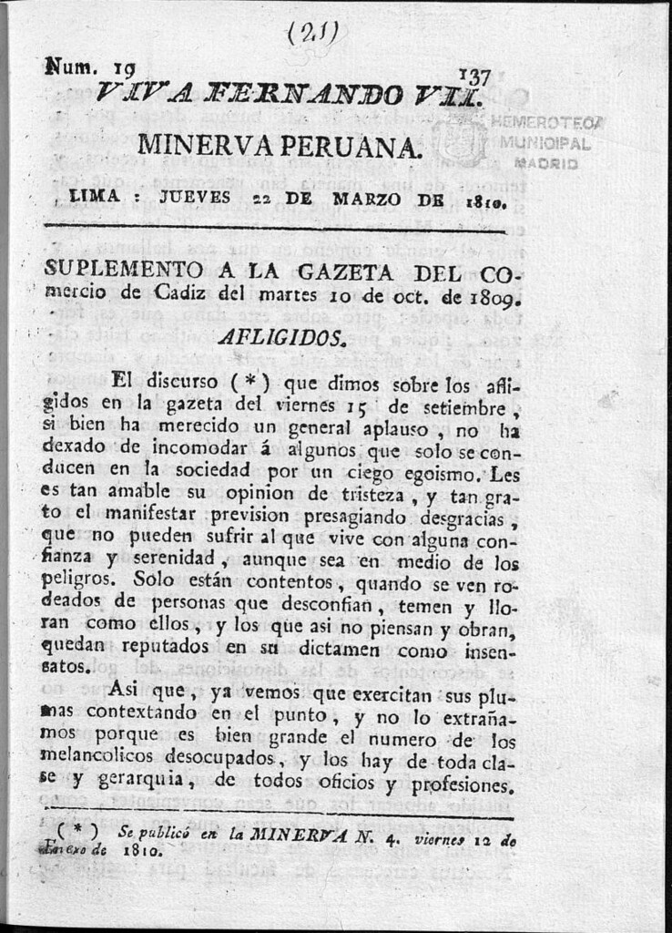 Miniatura de Minerva peruana del 22 de Marzo de 1810
