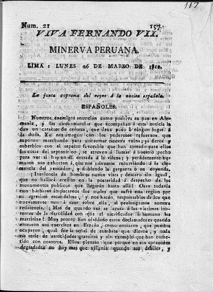 Miniatura de Minerva peruana del 26 de Marzo de 1810