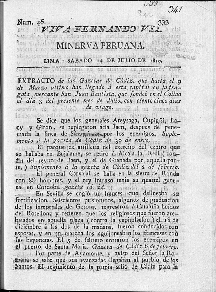 Miniatura de Minerva peruana del 14 de Julio de 1810