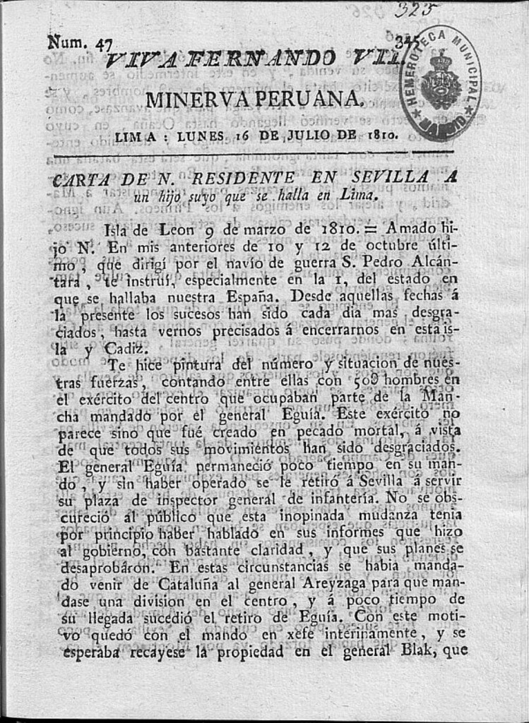 Miniatura de Minerva peruana del 16 de Julio de 1810
