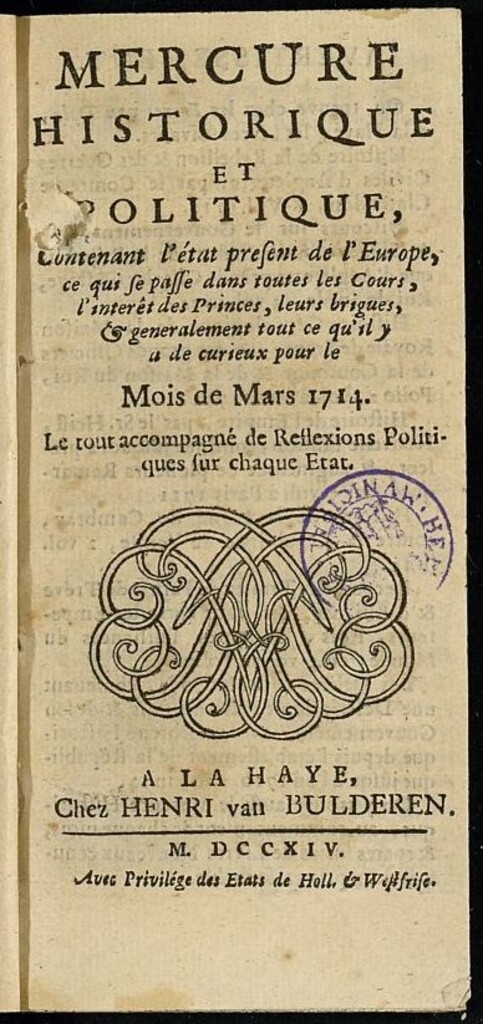 Miniatura de Mercure Historique et Politique : contenant l´état present de l´Europe de marzo del año 1714