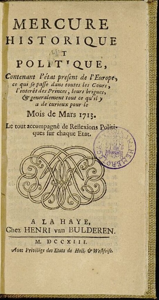 Miniatura de Mercure Historique et Politique : contenant l état present de l Europe de marzo del año 1713
