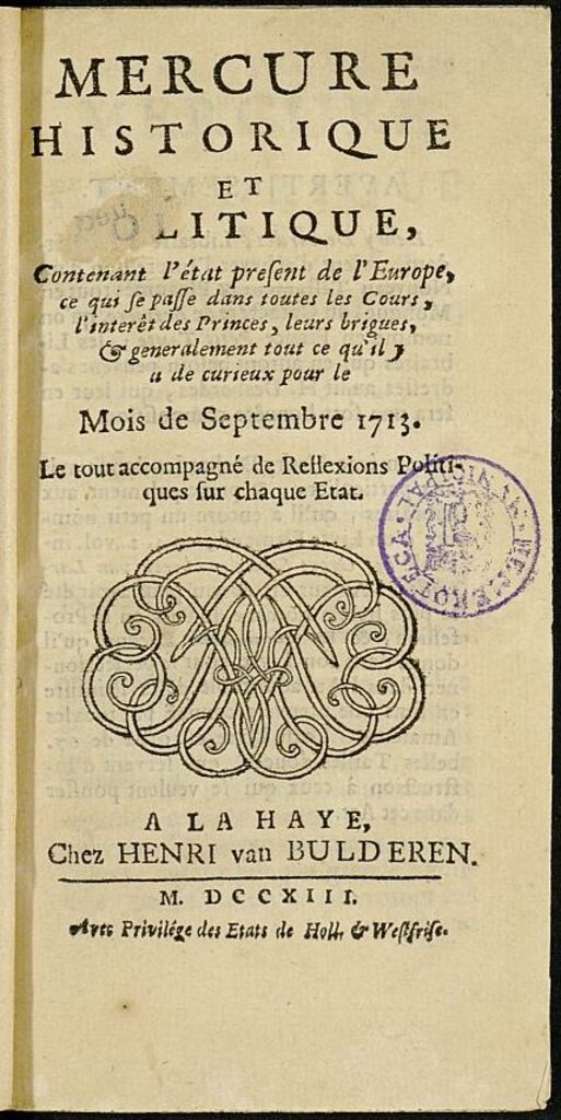 Miniatura de Mercure Historique et Politique : contenant l état present de l Europe de septiembre del año 1713
