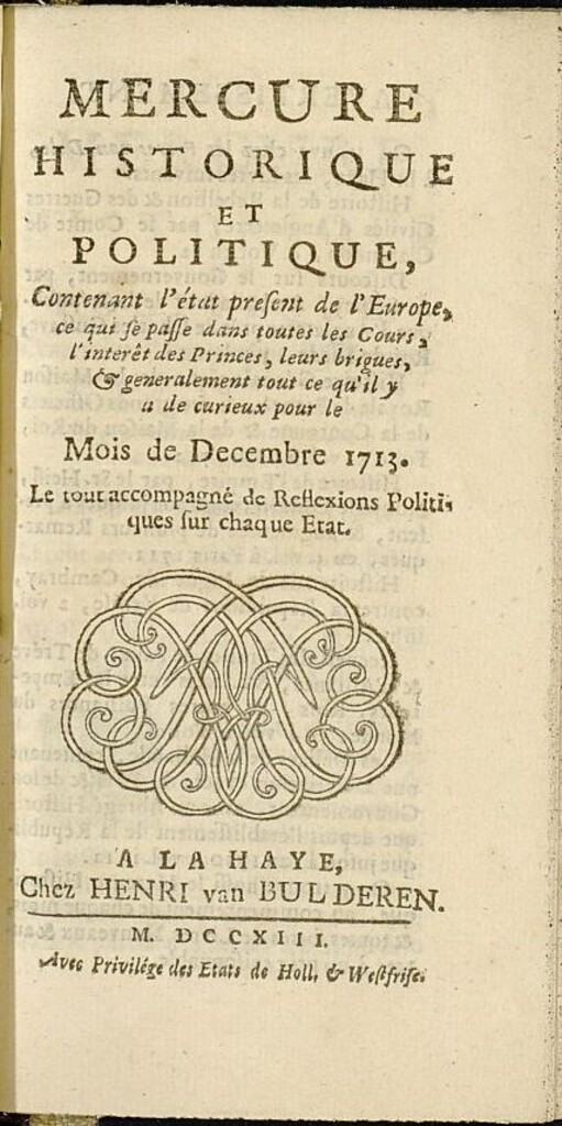 Miniatura de Mercure Historique et Politique : contenant l état present de l Europe de diciembre del año 1713