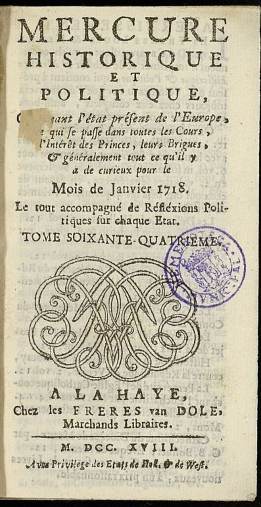 Miniatura de Mercure Historique et Politique : contenant l´état present de l´ Europe de enero de 1718
