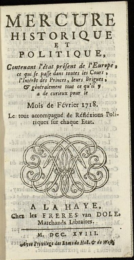 Miniatura de Mercure Historique et Politique : contenant l´état present de l´Europe de febrero de 1718
