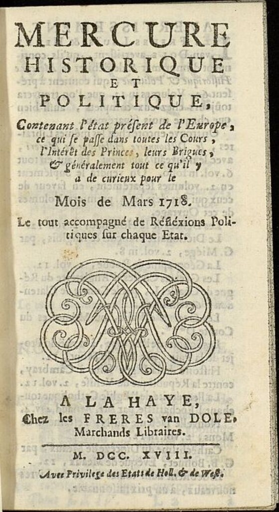 Miniatura de Mercure Historique et Politique : contenant l´état present de l´Europe de marzo de 1718