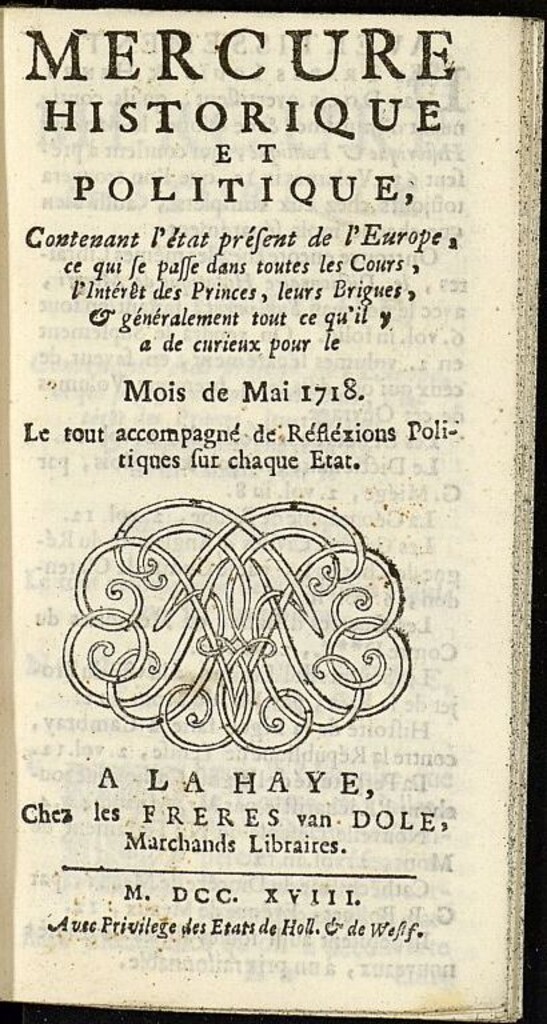Miniatura de Mercure Historique et Politique : contenant l´état present de l´Europe de mayo de 1718