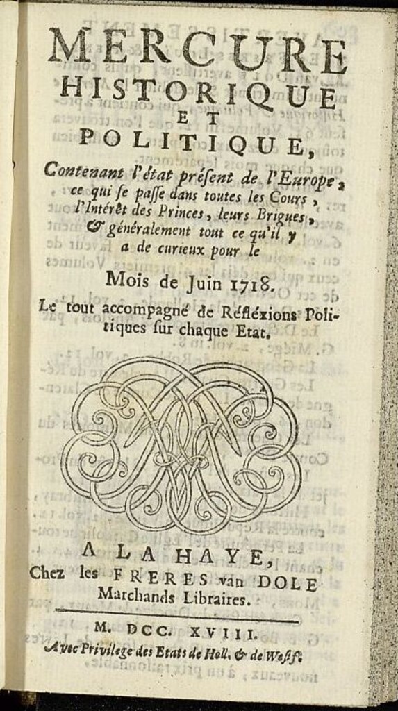 Miniatura de Mercure Historique et Politique : contenant l´état present de l´Europe de junio de 1718
