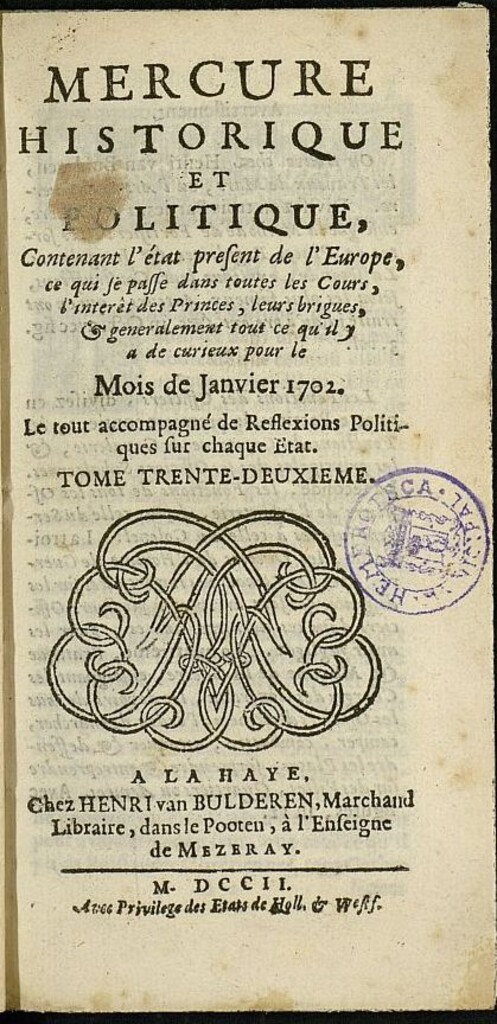 Miniatura de Mercure Historique et Politique : contenant l´etat present de l´Europe de enero de 1702