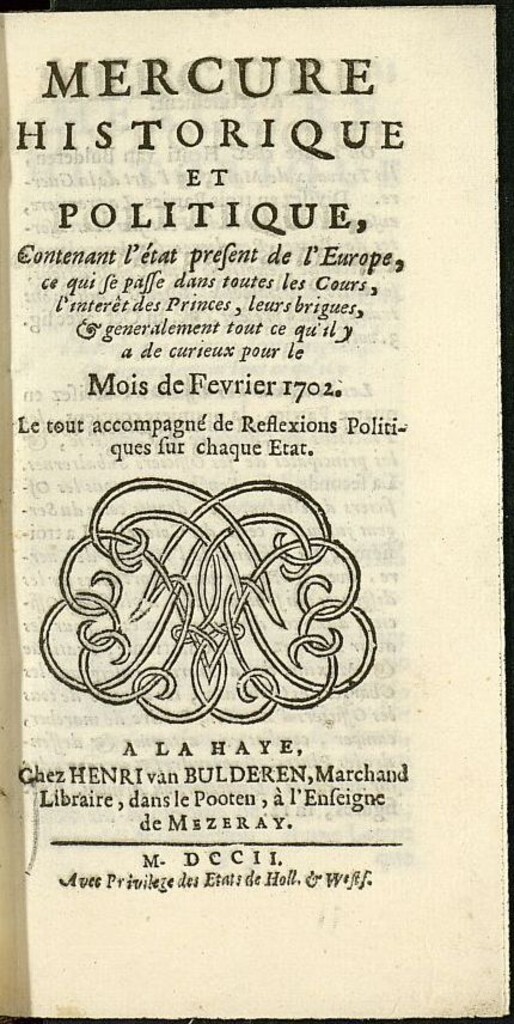 Miniatura de Mercure Historique et Politique : contenant l´état present de l´Europe de febrero 1702