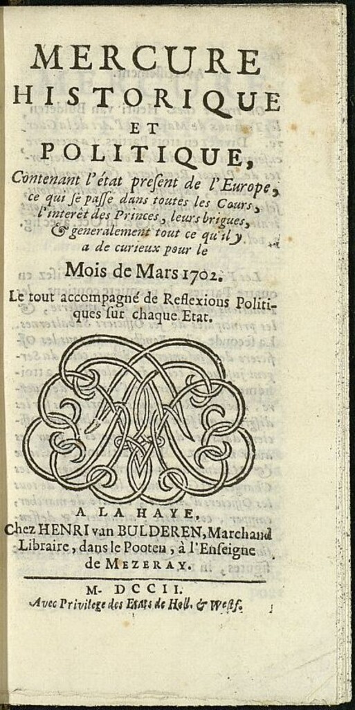 Miniatura de Mercure Historique et Politique : contenant l´état present de l´Europe de marzo de 1702
