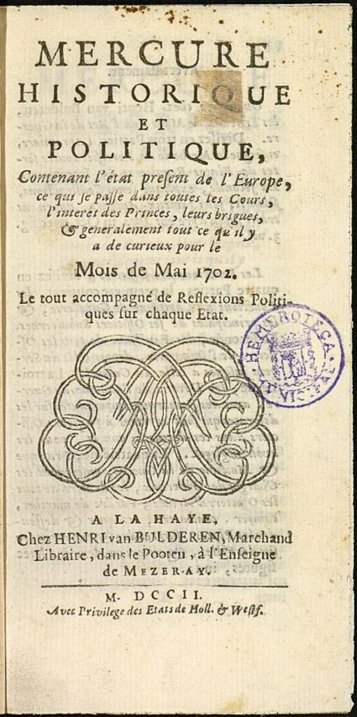 Miniatura de Mercure Historique et Politique : contenant l´état present de l´Europe de mayo de 1702