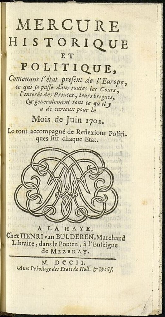 Miniatura de Mercure Historique et Politique : contenant l´état present de l´Europe de junio de 1702