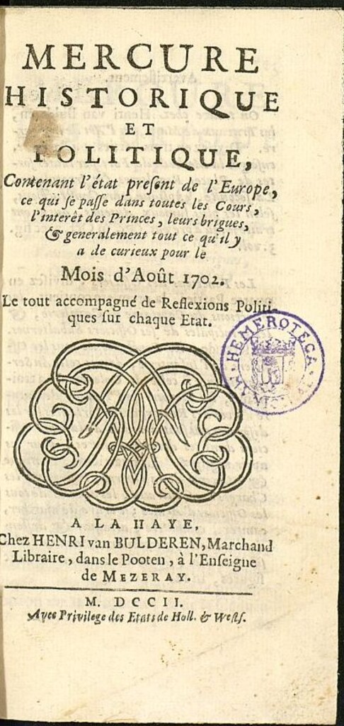 Miniatura de Mercure Historique et Politique : contenant l´etat present de l´Europe de agosto de 1702