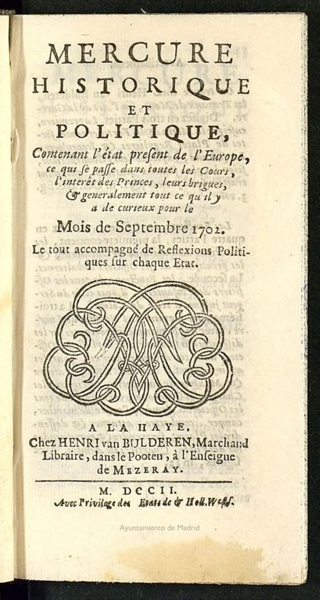 Miniatura de Mercure Historique et Politique : contenant l´etat present de l´Europe de septiembre de 1702