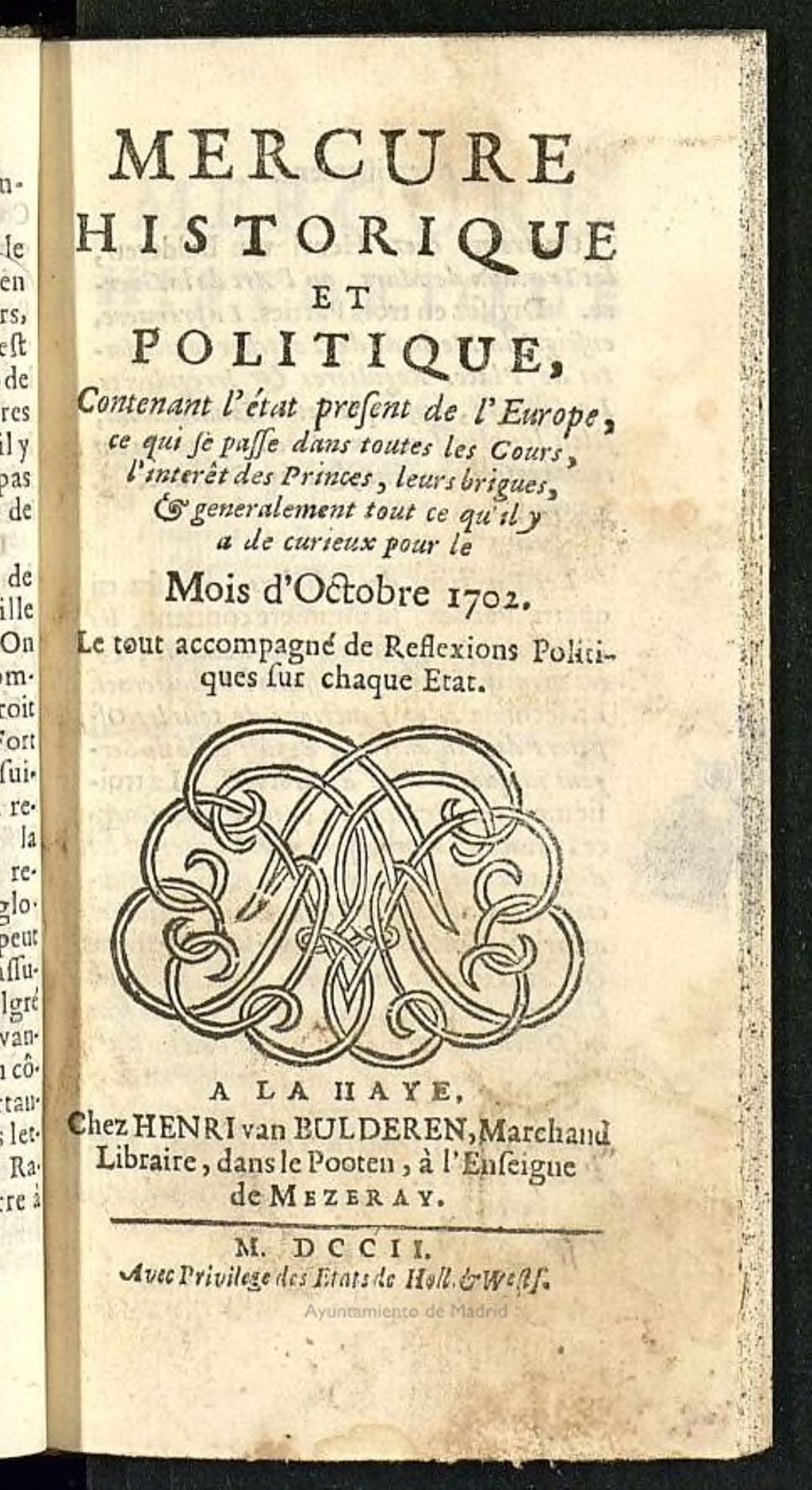 Miniatura de Mercure Historique et Politique : contenant l´etat present de l´Europe de octubre de 1702