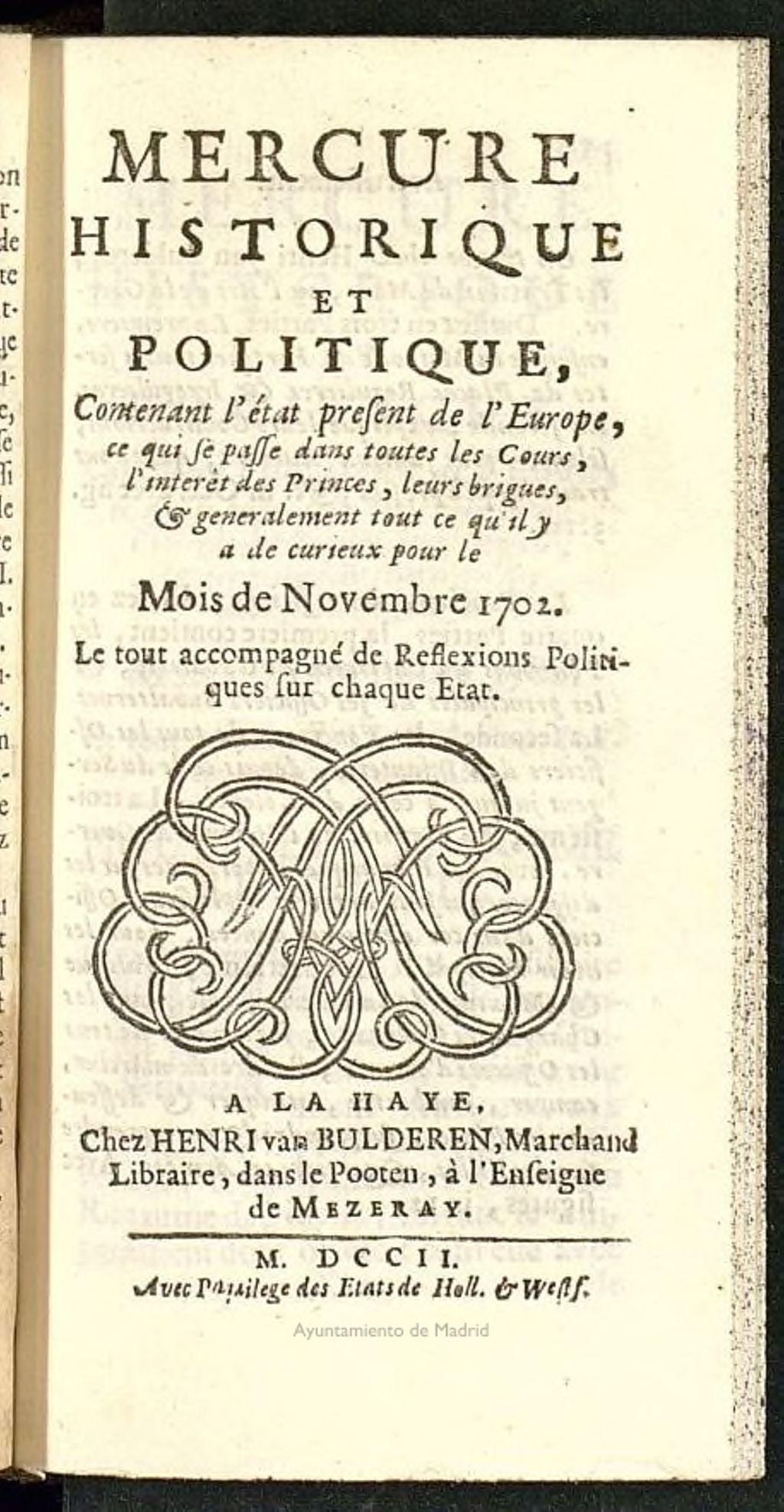 Miniatura de Mercure Historique et Politique : contenant l´etat present de l´Europe de noviembre de 1702