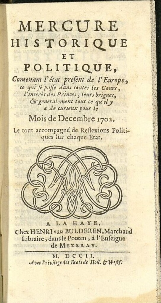 Miniatura de Mercure Historique et Politique : contenant l´etat present de l´Europe de diciembre de 1702